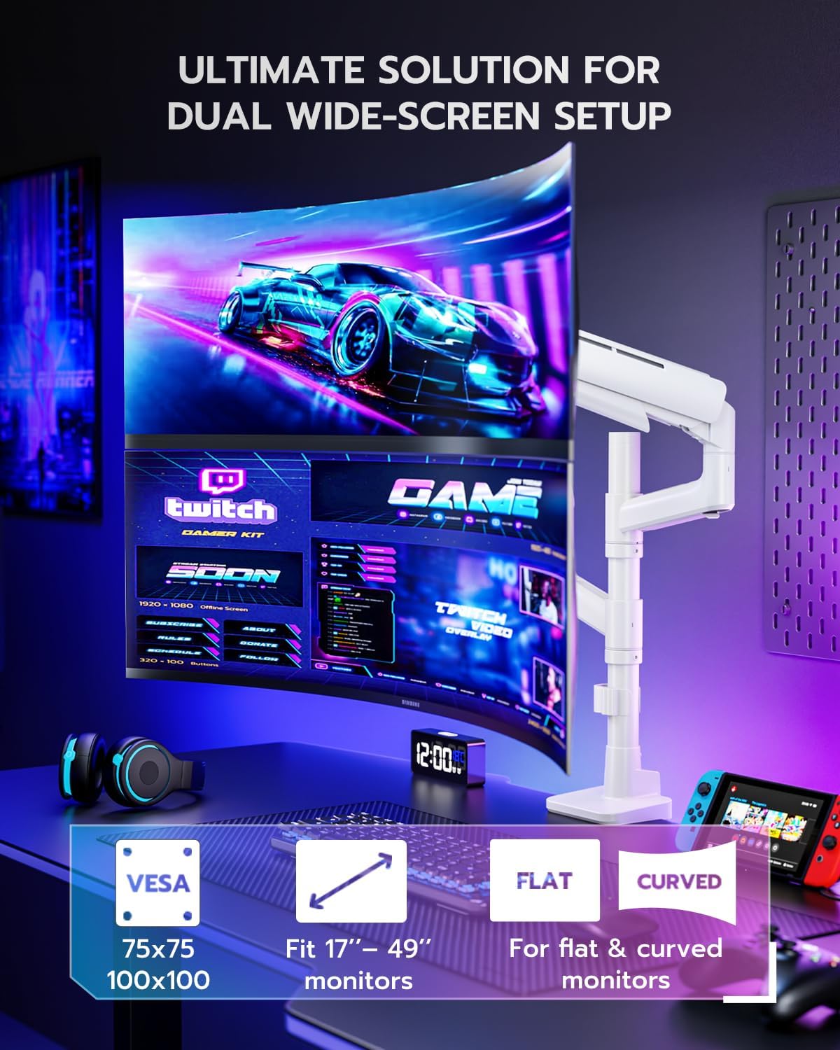 Vertical Dual Monitor Mount for 17-49 Inch Ultrawide Heavy Duty Curved Screen Stacking, Computer Monitor Arm Desk Mount, Gas Spring Adjustable Vesa Stand, White