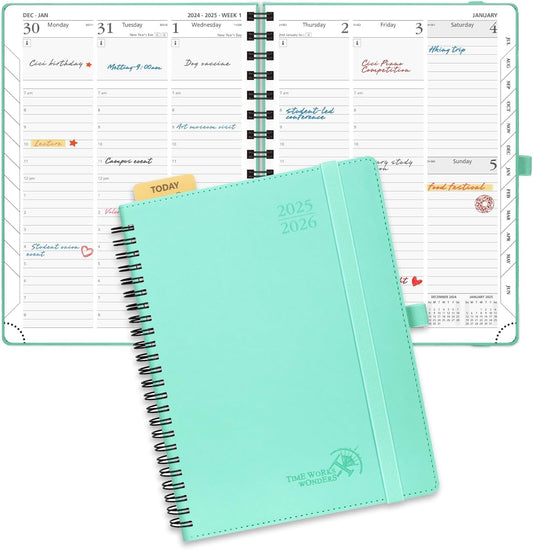 POPRUN Planner 2025-2026 (Medium - 6.5'' x 8.5'') Academic Weekly Calendar (July 2025 - June 2026) with Hourly Time Slots, Monthly Tabs, 100GSM Thick Papers, Spiral Leather Cover - Green