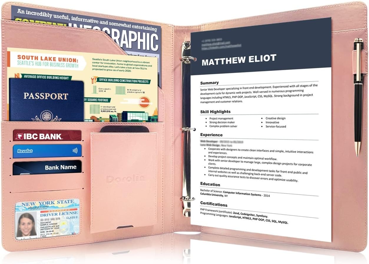 Darolin Business/Resume Portfolio Folder Binder, Padfolio with 3 Ring Binder, Interview/Conference/Legal Document Organizer, Leather Portfolio Padfolio for Women/Men-RG