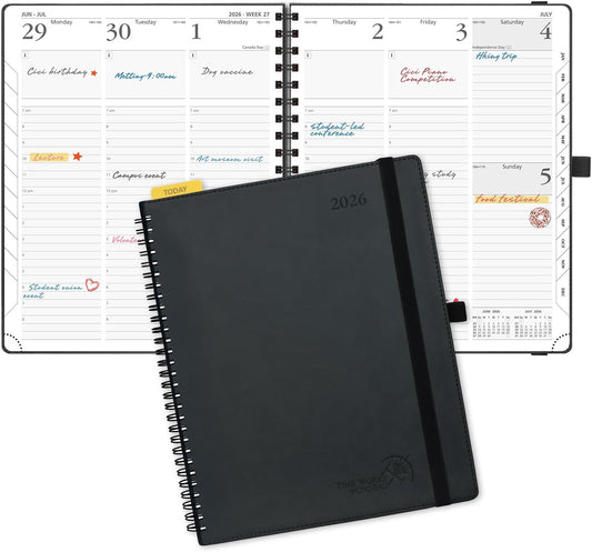 POPRUN 2026 Planner (Large - 8.5" x 10.5") with Hourly Schedule, Vertical Layout - 2026 Weekly Calendar (Jan. 2026 - Dec.2026) for Time Management, Monthly Tabs, Spiral Bound, Soft Cover - Black