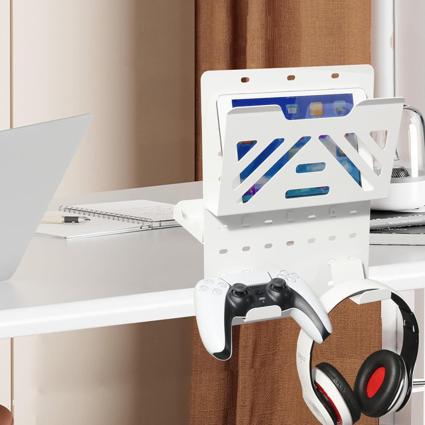 MAXECHO Desk Side Storage Holder, Metal Pegboard, Above or Under Desk Laptop Mount, Table Side Hanging File Organizer, Clamp On Cable Management Tray, Peg Board for Gaming, Office