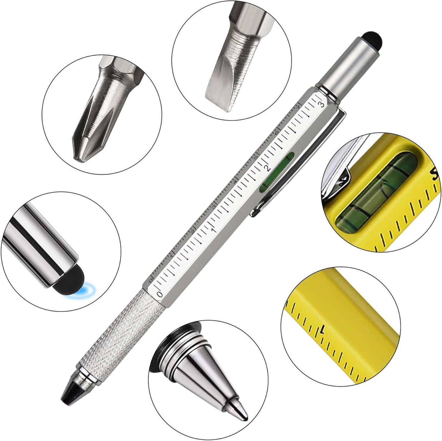 DUNBONG Metal Multi tool Pen 6-in-1 Stylus Pen - With Screwdriver, Ballpoint Pen Black ink, Stylus pen, Level and Ruler, 1-Count (Silver)