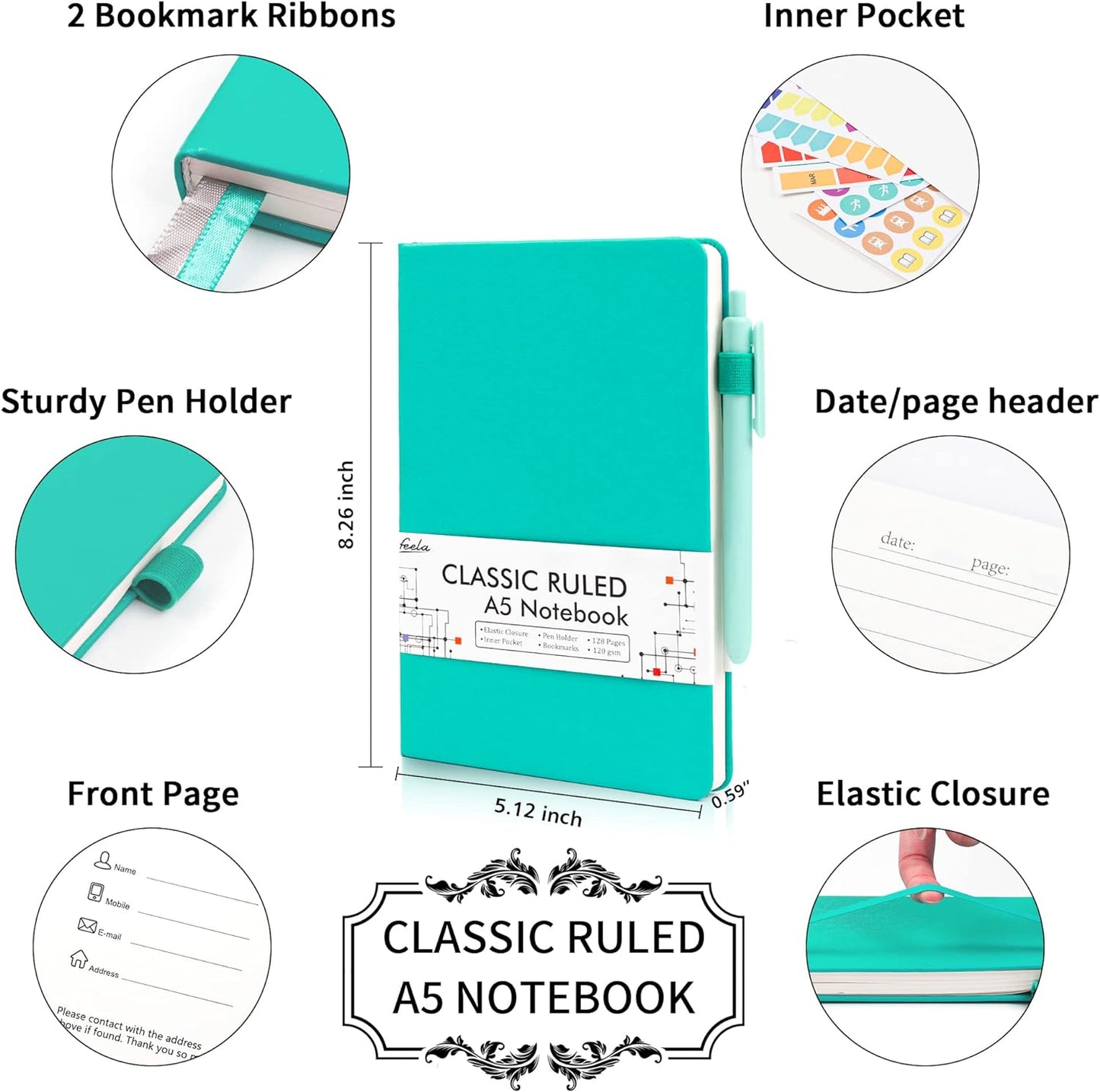 feela 24 Pack Journal Notebook Bulk for Work, Business Notebook Hardcover Lined Writing Journal with Pen Holder for Men Women Note Taking, with 24 Black Pens, 120 GSM, 5.1”x8.3”, A5, Aqua