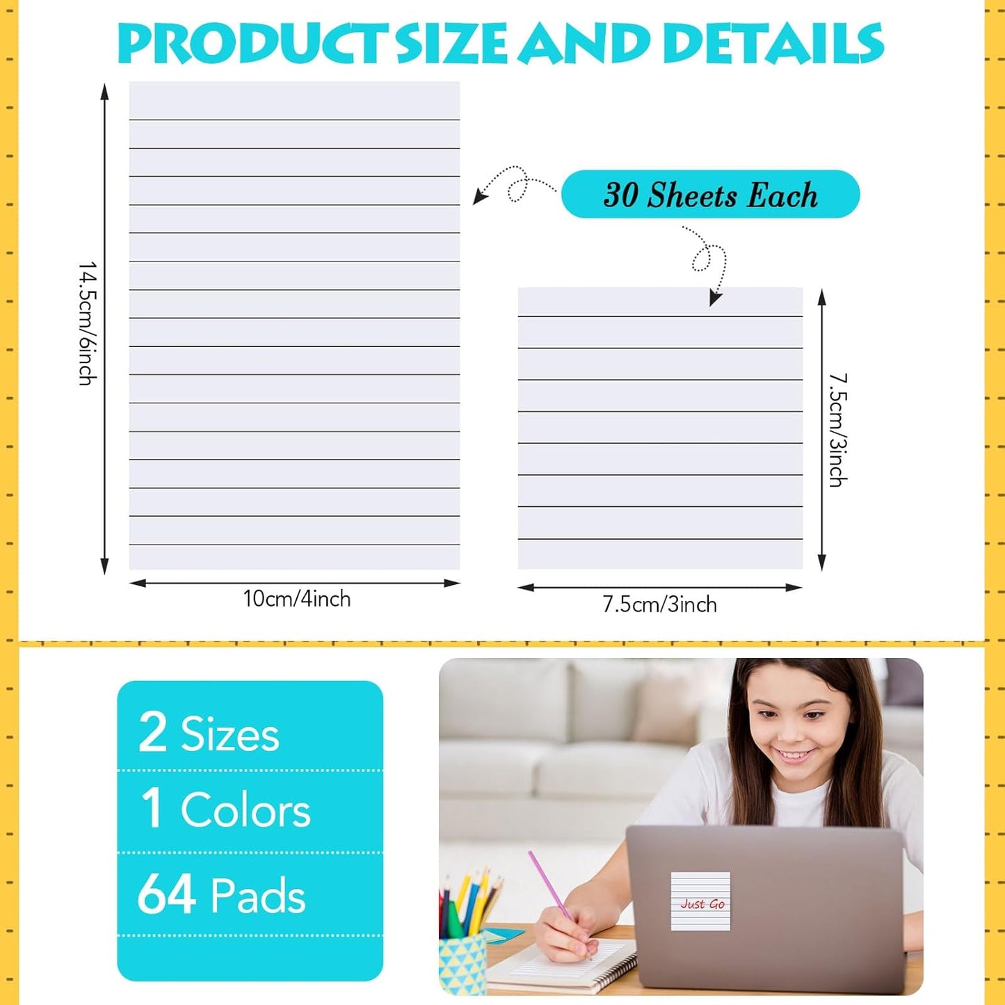 Yexiya 64 Pcs Lined Sticky Notes Self Stick Notes with Lines Bright Assorted Colors Sticky Pad for Home Office Products Post Memos, 1920 Sheets(3 x 3 Inch, 4 x 6 Inch,Mixed Color)