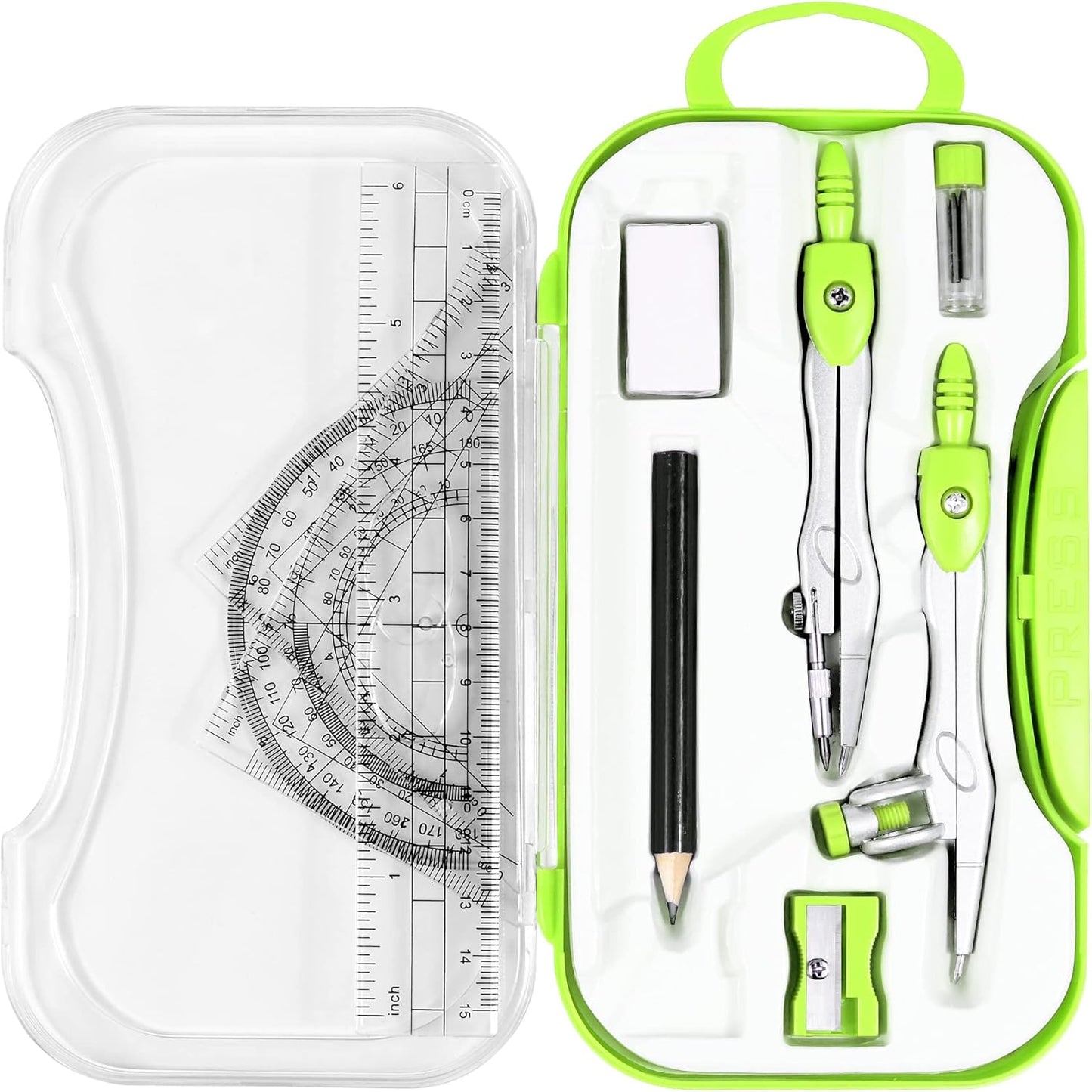 10 Pieces Math Geometry Kit Set Student Supplies with Shatterproof Storage Box,Includes Rulers,Protractor,Compass,Eraser,Pencil Sharpener,Lead Refills,Pencil,for School and Drawings（Green）