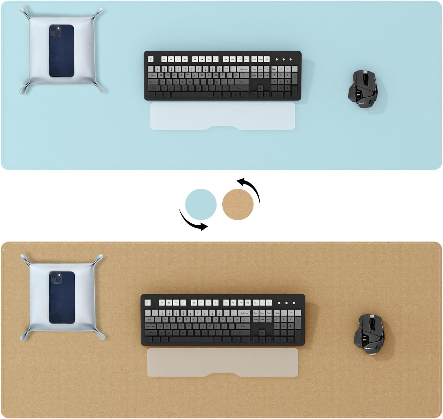 DAWNTREES Dual Sided Desk Mat,Leather Desk Pad,40"x16",Cork Desk Mat Protector,with PU Leather Valet Tray Organizer,Large Mouse Pad,Desk Writing Pad for Office and Home(Light Blue)