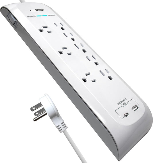 Digital Energy 25 FT USB-C and USB-A 8 Outlet 4200 Joules Surge Protector Power Strip, 3 Wide Spaced Outlets, White