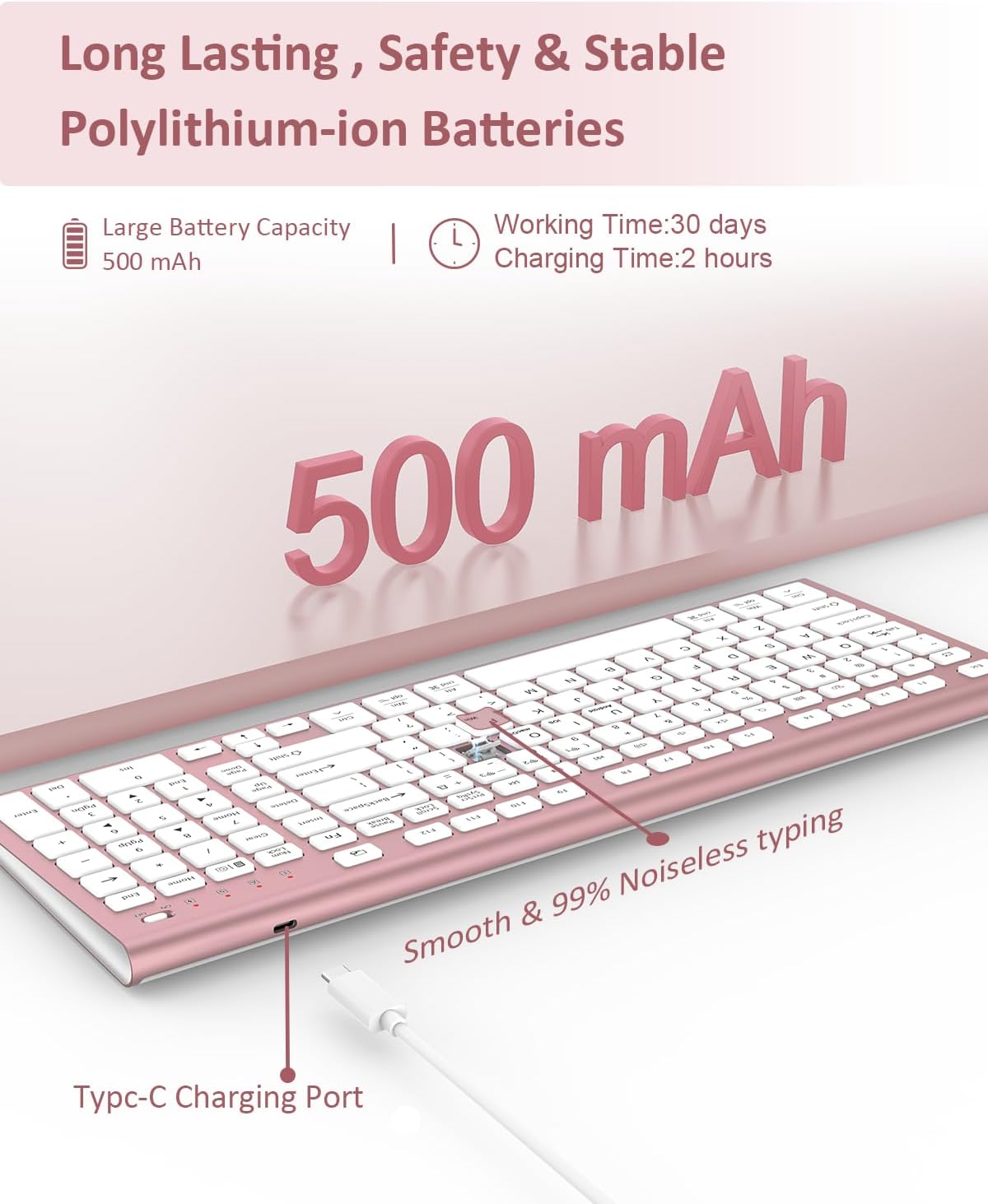 FENIFOX Wireless Keyboard, Bluetooth + USB Ergonomic Silent Quiet Rechargeable with Number Pad Cute Compact Full Size Multi Device Keyboards for iPad Tablet Mac Computer Surface PC MacBook Laptop Pink