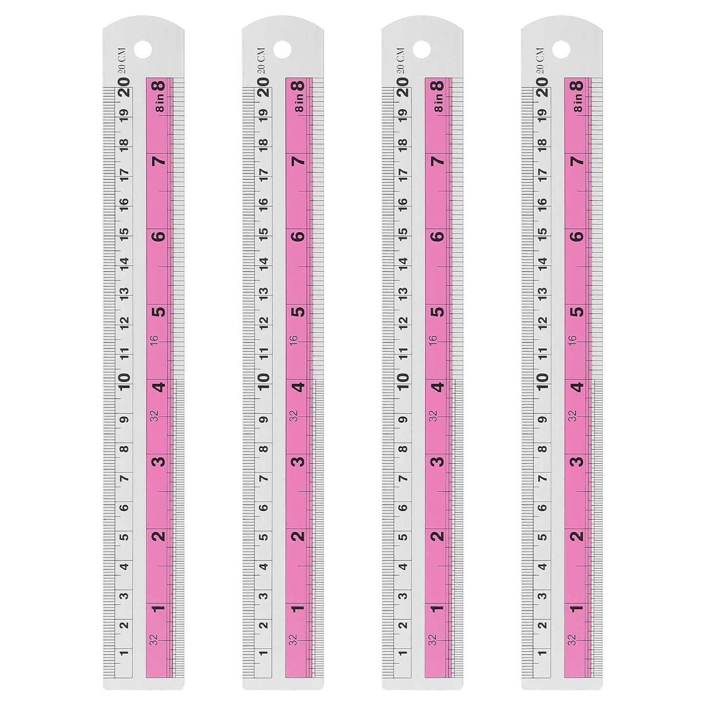 HARFINGTON 4pcs Metal Straight Ruler 20cm Metric SAE Aluminum Alloy Measuring Rulers Scale Tools with Hole for Measure Study Reading Classroom Office, Pink