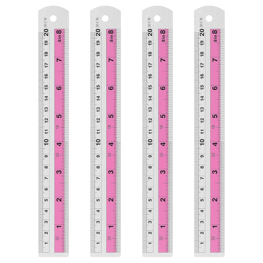 HARFINGTON 4pcs Metal Straight Ruler 20cm Metric SAE Aluminum Alloy Measuring Rulers Scale Tools with Hole for Measure Study Reading Classroom Office, Pink