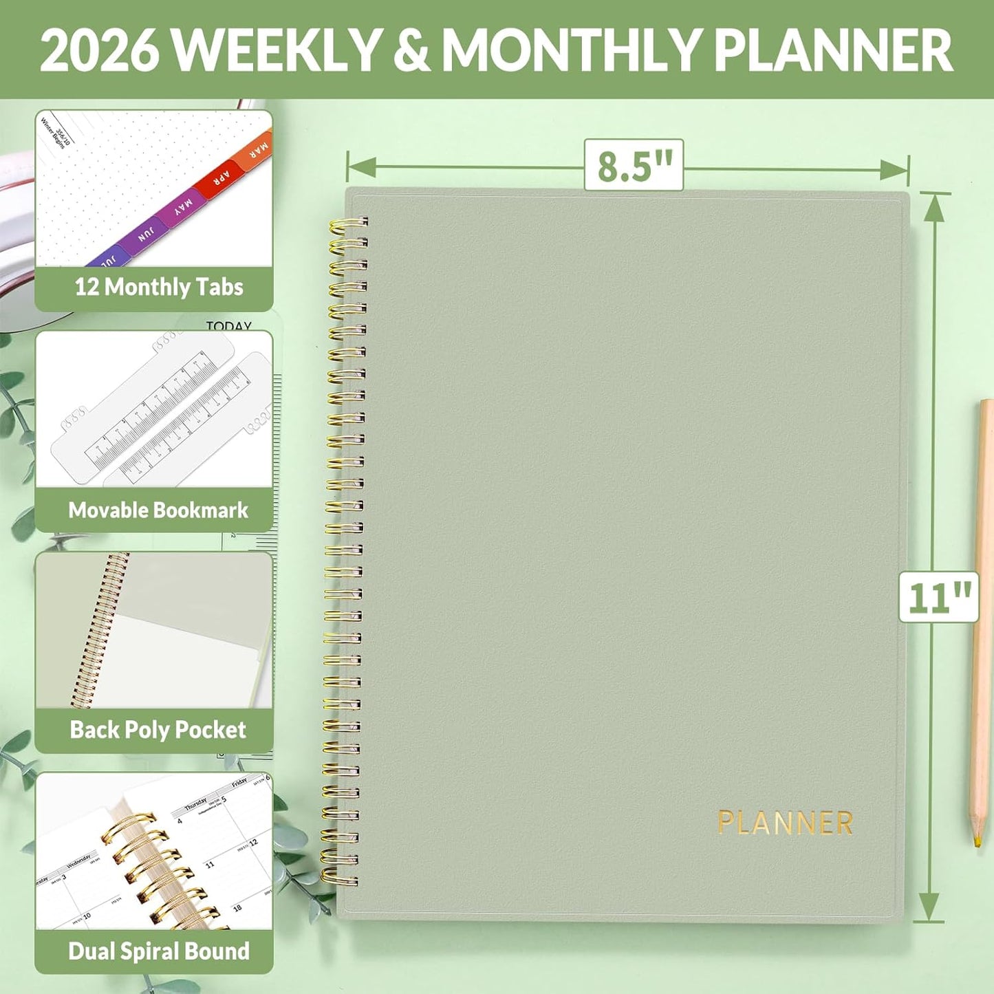 SUNEE 2026 Weekly and Monthly Planner - from January 2026 - December 2026, 8.5"x11" Daily Agenda Planner with Monthly Tab, Flexible Cover, Note Pages, Pockets, Bookmark, Spiral Binding, Sage Green