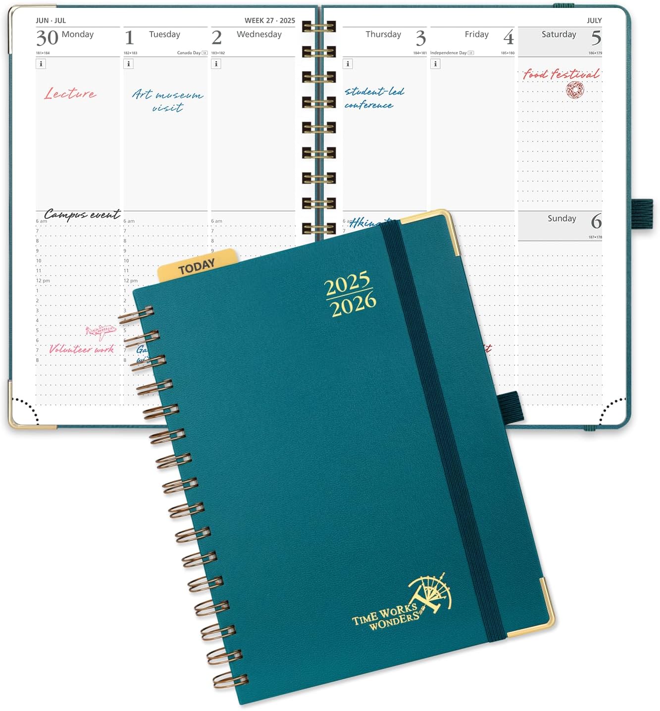POPRUN Academic Planner 2025-2026 (July 2025-June 2026), Daily Weekly and Monthly Appointment Book (Wirebound Hard Cover - 6.25'' x 8.5'') with Hourly Time Slots, Tabs, 100 GSM - Pacific Green