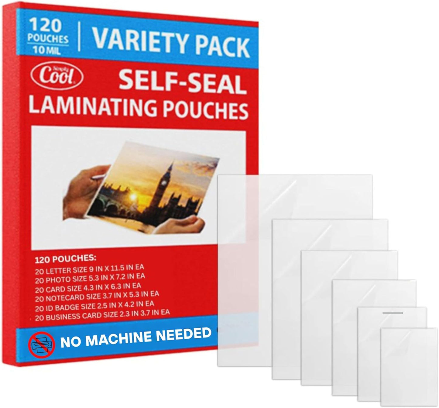 10mil Self-Adhesive Cold Laminating Sheets (120 Variety Count) Letter, Photo, Card, Notecard, I.D. Badge and Business Card Sizes. No Heat, No Machine needed, Easy Self-Sealing Pouches