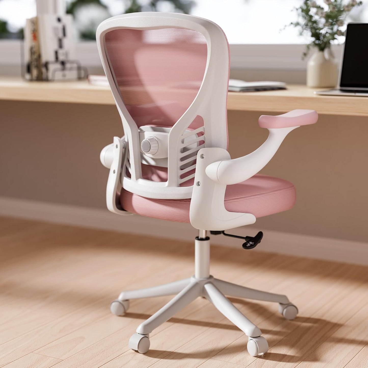 GYI Computer Desk Chair, Ergonomic Office Desk Chairs with Mesh Back, Adjustable Lumbar Support, Height, 3D Flip-up Arms, Wheels, Rocking Function (Pink)