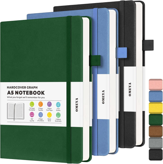 Graph Paper Notebook 3 Pack, A5 Grid Notebook Journal, Graph Notebook with 120gsm Paper, Hardcover Leather Journal for Writing, Grid Paper Notebook for Work, School Supplies, Engineering,5.75" x 8.38"