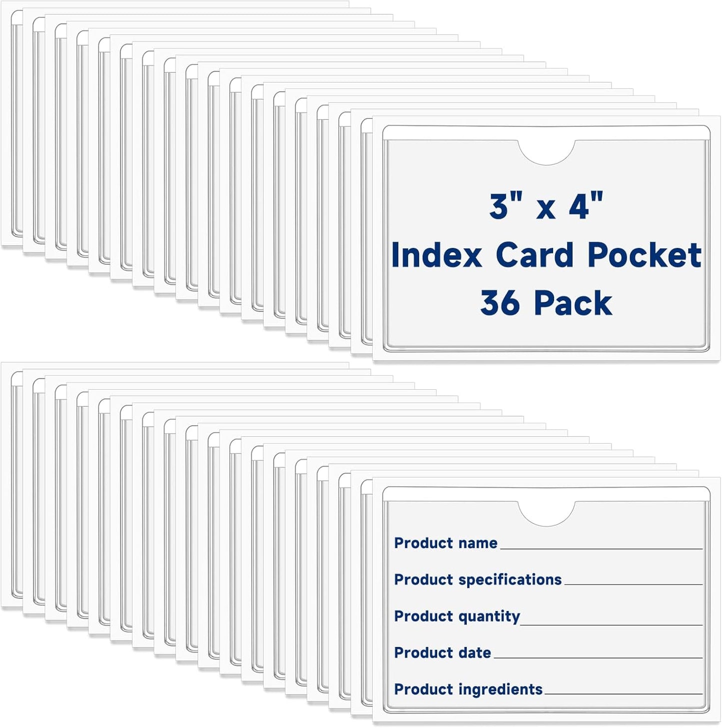 36Pcs Adhesive 3" x 4" Index Card Pockets, Clear Label Holders with Top Open for Loading, Plastic Pocket Sleeves for Organizing Storage Bins, Library Cards, Shelves