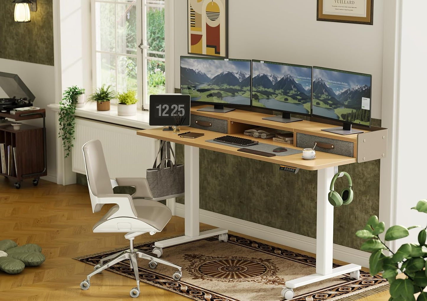 YDN Standing Desk with Drawers, 63 Inch Standing Desk Adjustable Height, Adjustable Electric Stand Up with Storage and Shelf, Natural