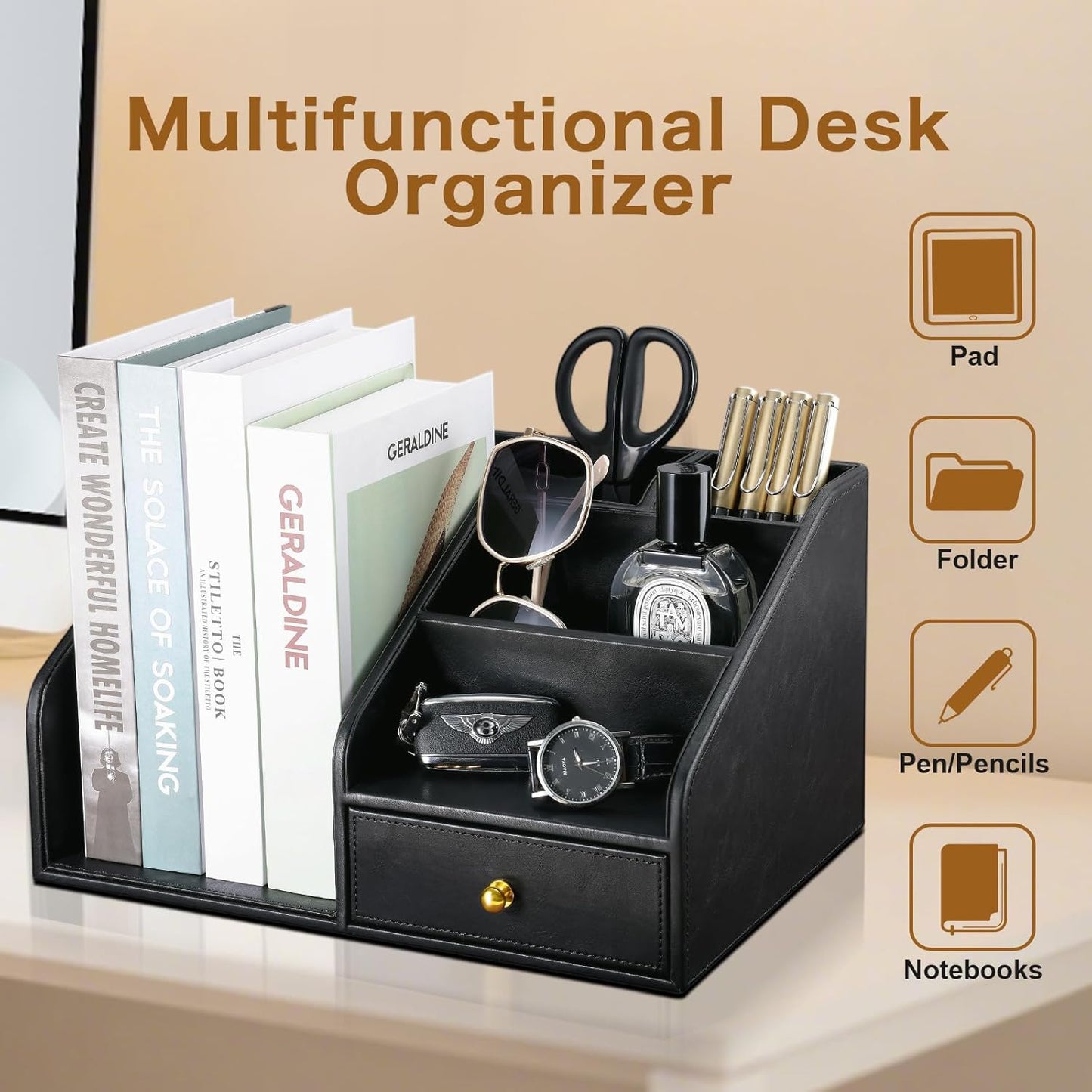 KINGFOM PU Leather Desk Organizer, Multifunction 6 Compartment Desk Organizers and Accessories for Office Supplies, Pen Pencil Holder/Book Mail Organizer Holder for Desk with Drawer(Black)