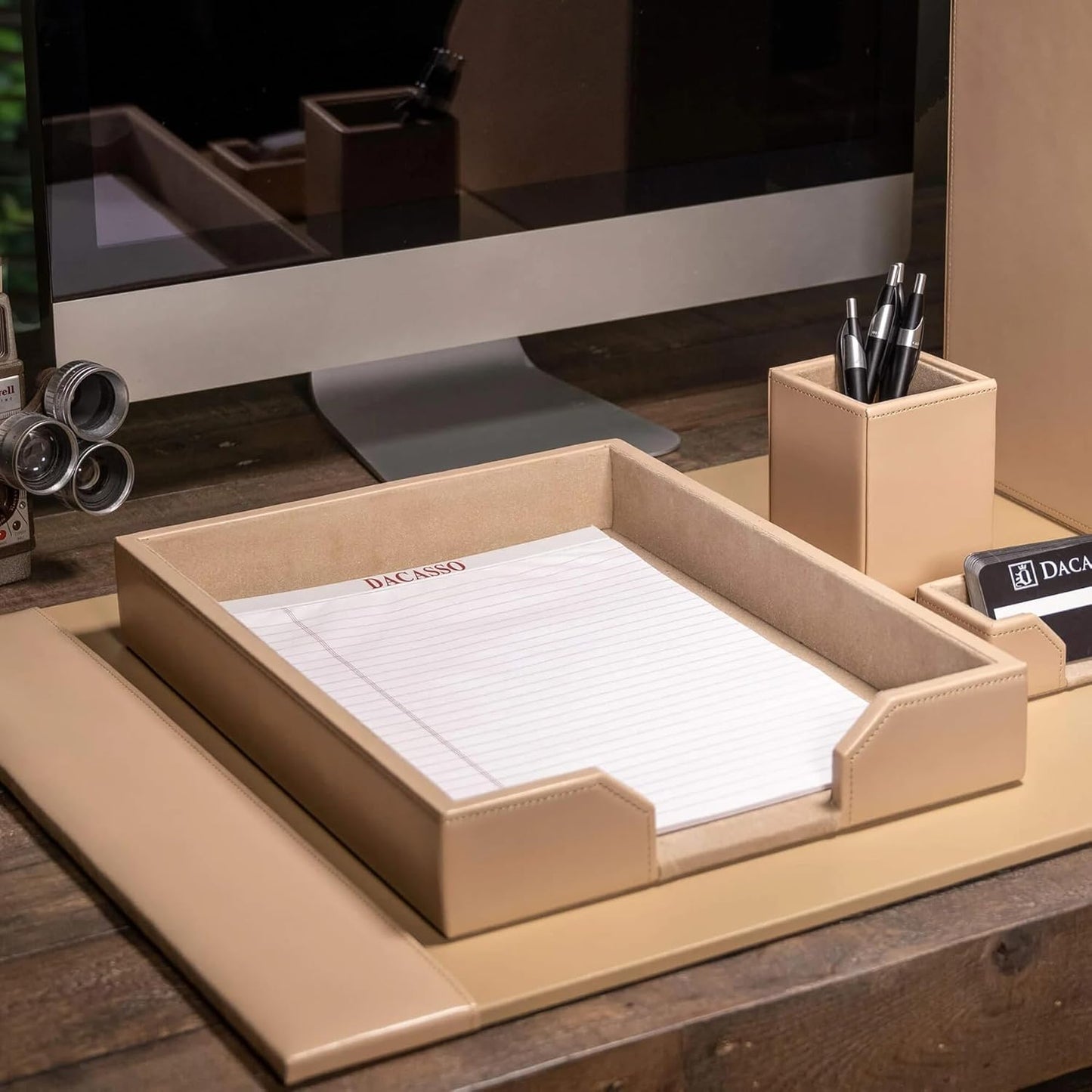 DACASSO Bonded Leather Desktop Letter Tray - Luxury Letter Holder & Paper Organizer for Desk - Office Organization & Executive Desk Decor - (White Latte)