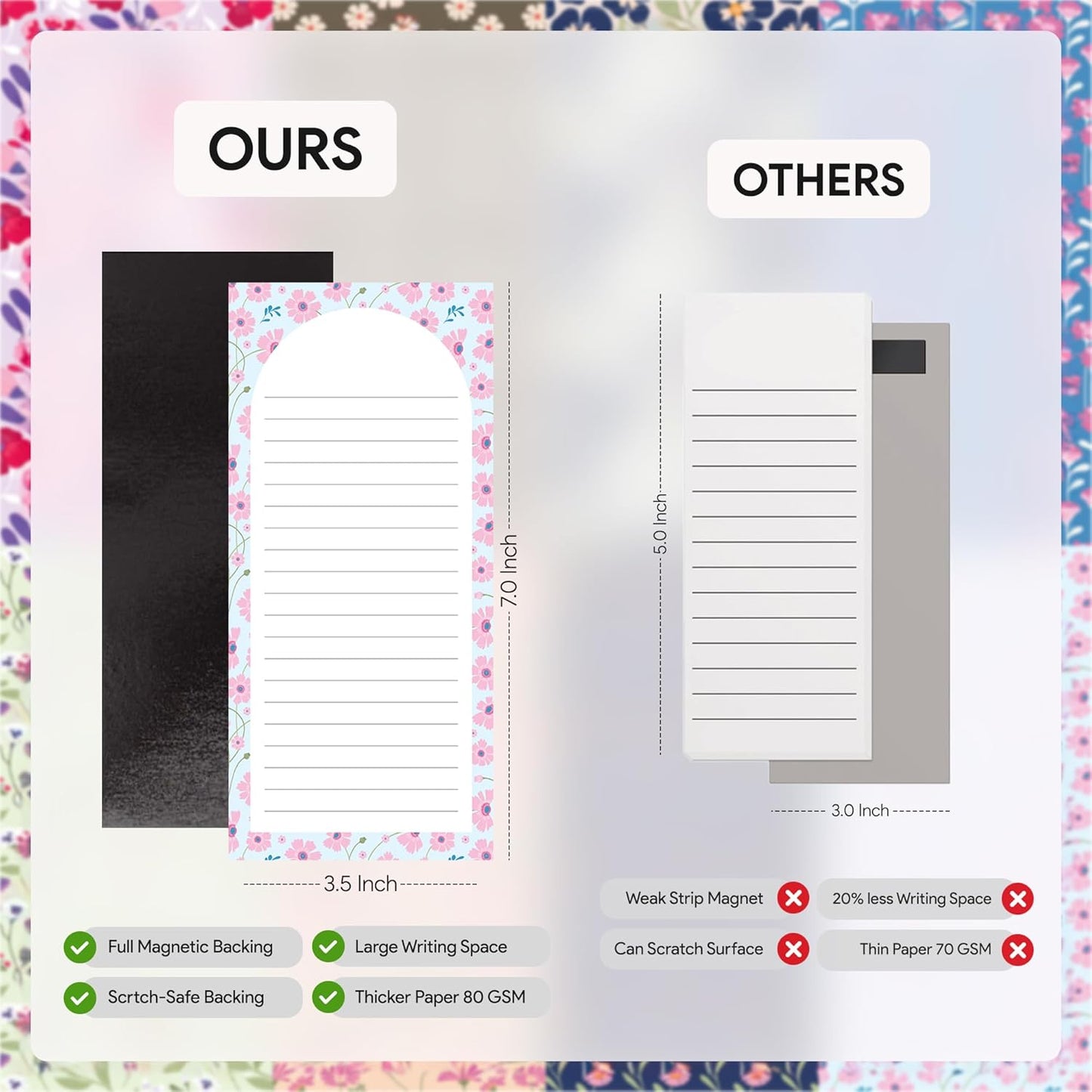 Magnetic Notepads – Notepads for Grocery List, Shopping List, To-Do List, Reminders -Strong Magnetic Back- Memo Notepad | 8 pack Medium | Floral Style