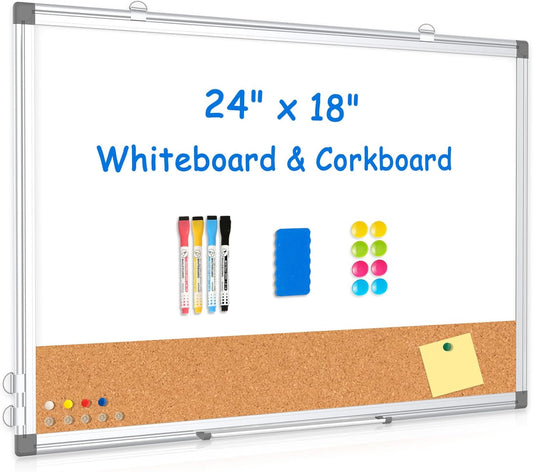 Double-Sided Whiteboard Cork Board Combo for Wall, WALGLASS 24" x 18" Dry Erase White Board Corkboard Combination, Hanging Wall Mount Bulletin Board with Aluminum Frame for Office, Home, School
