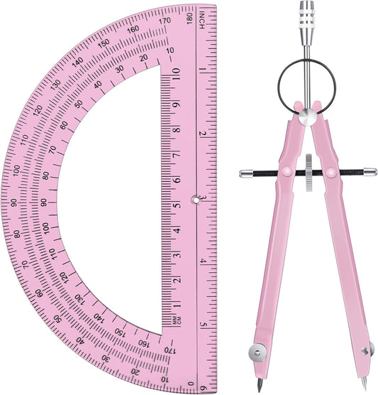 EBOOT Student Geometry Math Set, Drawing Compass and 6 Inch Clear Swing Arm Protractors 180 Degree Math Protractor(Pink and Pink)