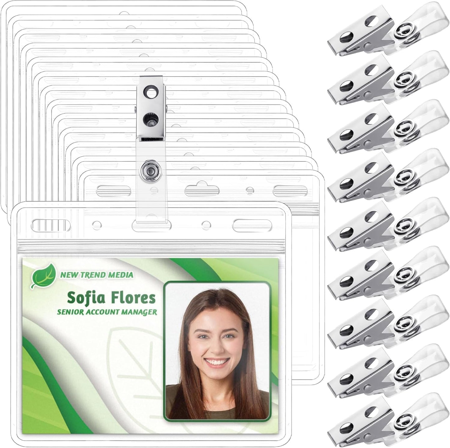 EcoEarth - Horizontal PVC Card Protector with Metal Clips and Vinyl Straps with Soft Edge - Sealable Fits 4x3 inch Inserts - Clear, 10 Pack - Waterproof ID Holder Bulk - ID Card Holder