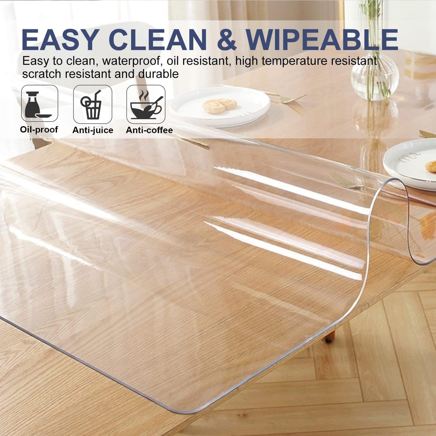 Crystal PVC 54x120 Inch Rectangular Plastic Table Cover - Heat Resistant, Waterproof, Non-Slip for Marble, Coffee, Bar, Countertop, Dining Table