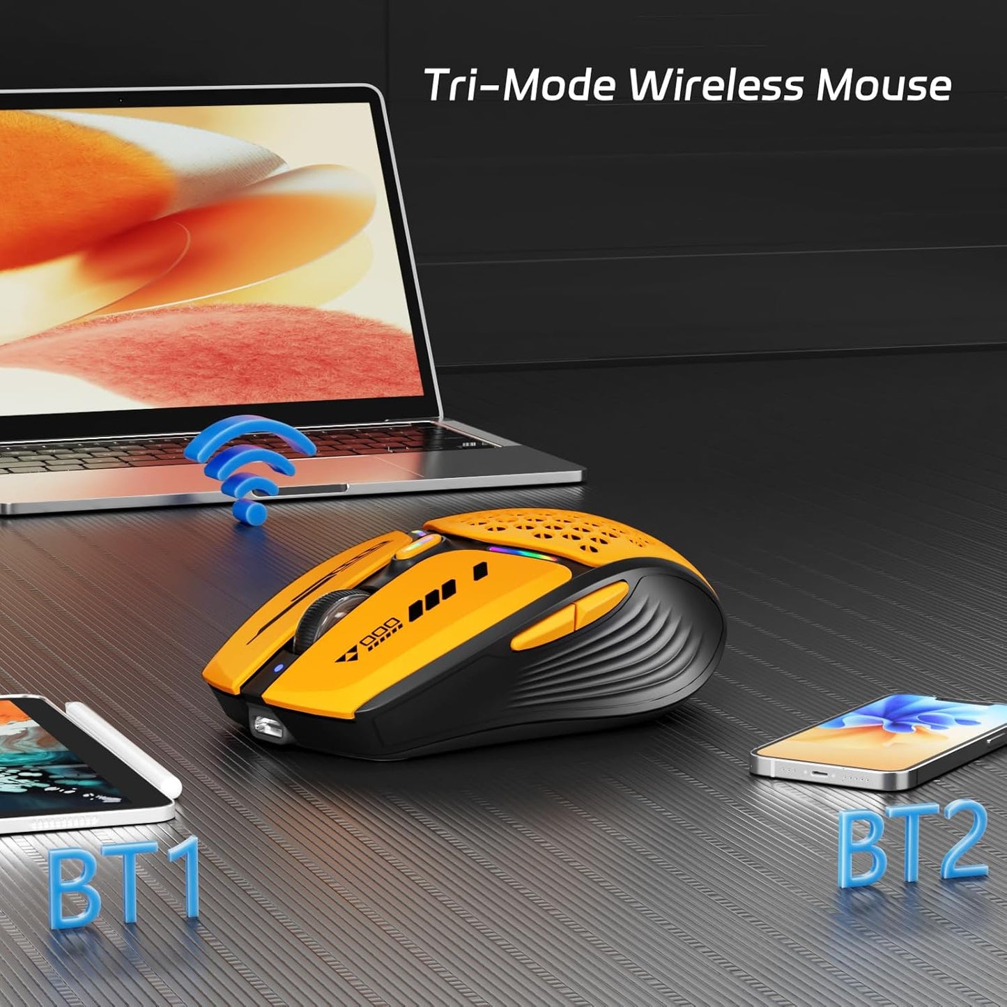 Uciefy Bluetooth Wireless Mouse, (BT5.0/5.1+2.4GHz) USB C Rechargeable LED Mouse Battery Level Visible, Honeycomb Magnetic Shell Cover with USB Receiver & Type-C Adapter for Laptop/PC/Mac/iPad -Orange