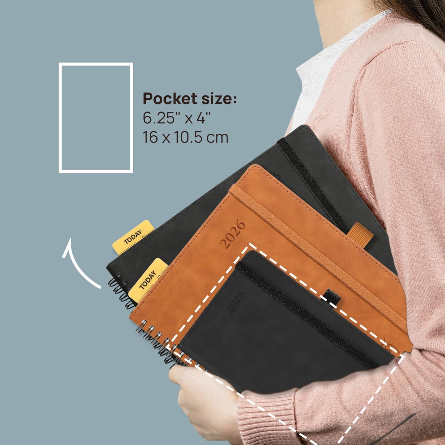 POPRUN Weekly Planner 2026 Pocket Size Calendar (4" x 6.25") 12 Months Notebook with Horizontal Layout, Leather Soft Cover, Inner Pocket, 100GSM Thick Paper, Pen Holder - Brown