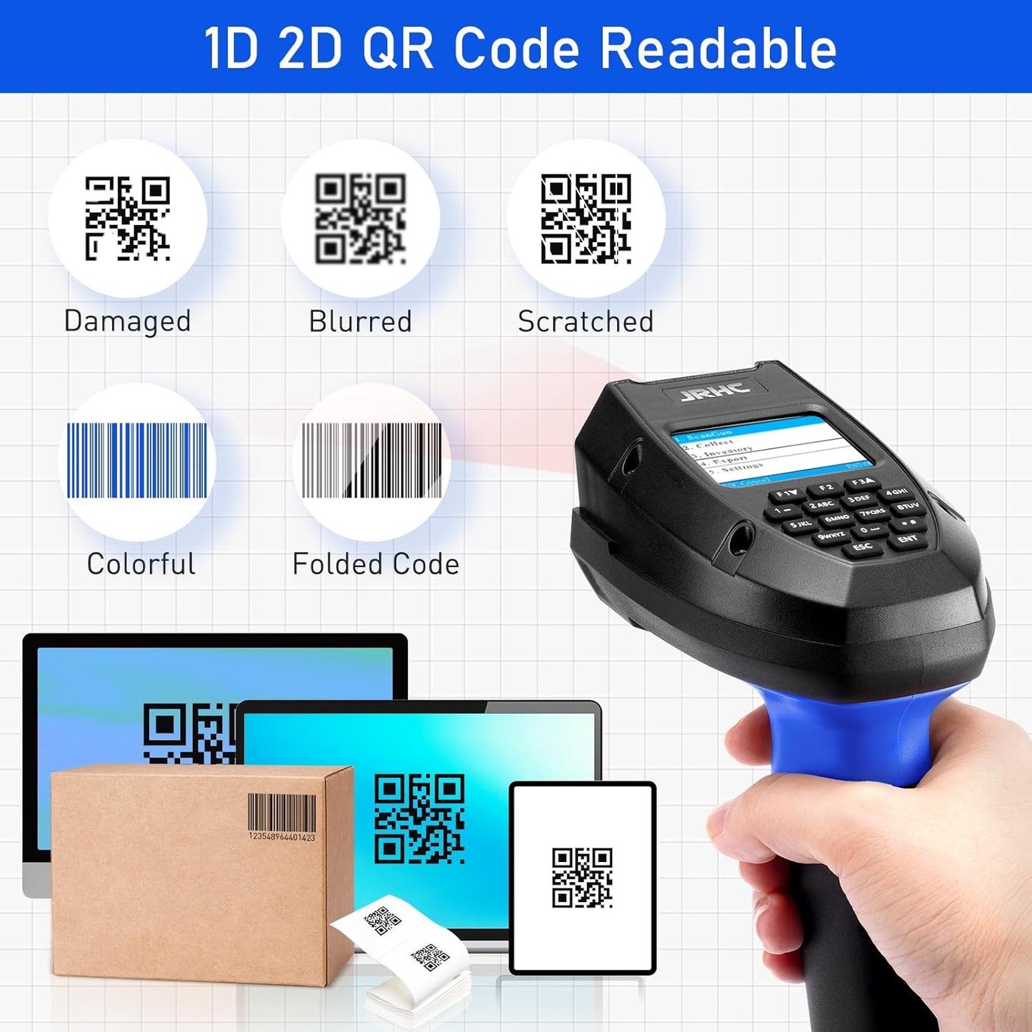 1D 2D Wireless Barcode Scanner with Charging Base Transmission, Inventory Scanner Data Terminal PDT Data Collector 2 in 1 USB Connection & 2.4g Wireless Barcode Reader with 2" Screen