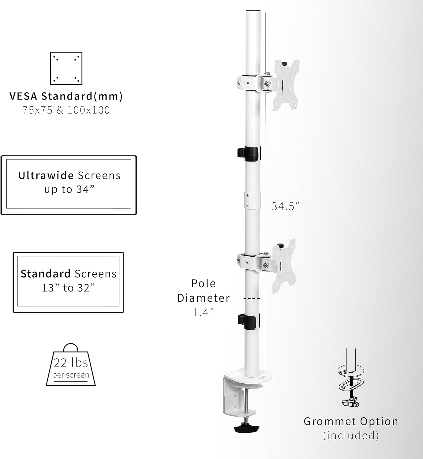 VIVO Dual Vertically Stacked LCD Monitor Desk Mount, Extra Tall Heavy Duty Adjustable Stand for 2 Ultrawide Screens up to 34 inches, 22 lbs Capacity, White, STAND-V002TW