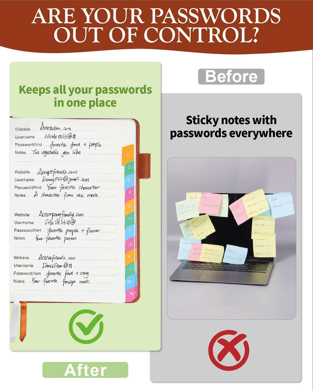 Password Keeper Book with Colorful Alphabetical Tabs, Hardcover Password Log-Book for Internet Password and Website Address, 5.8"×8.4" Password Notebook for Home Office (Sienna)