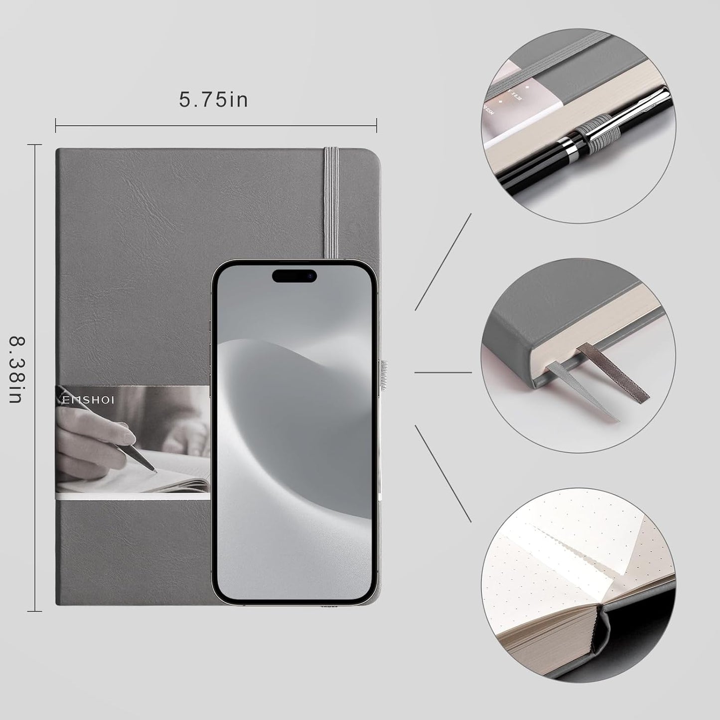 EMSHOI Dotted Notebook - 256 Pages A5 Dot Grid Journal Bullet Notebook with 120gsm Thick Dotted Paper,16 Perforated Pages, Hardcover Leather, Pen Holder, Inner Pocket, 5.75'' × 8.38''-Dark Grey