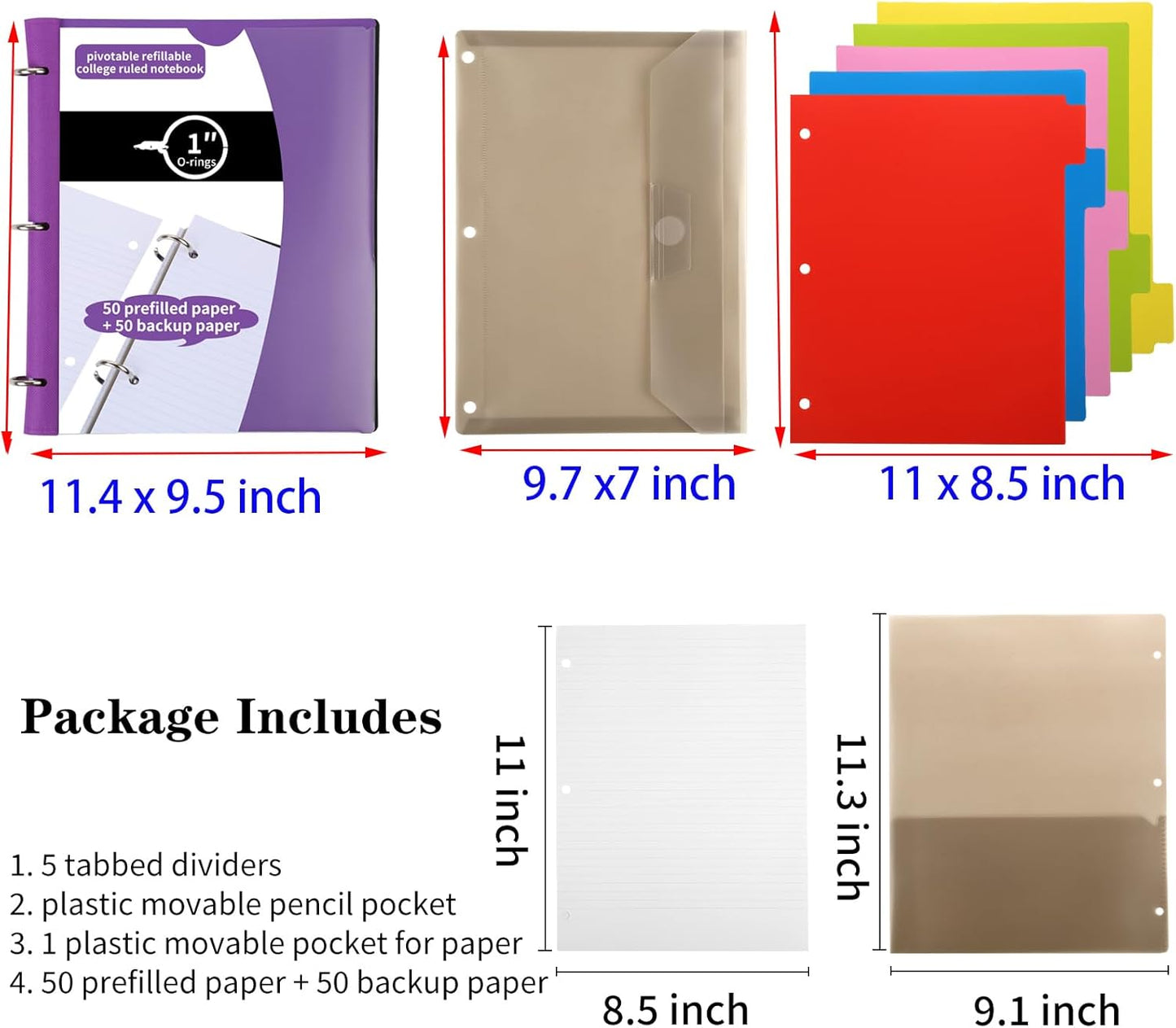 Pivotable Refillable Notebook, Upgraded 1 Inch 3 Ring Notebook Binder, 100 College Ruled Paper, 5 Subject Notebook with Dividers and Folder Pockets, Tabs- Purple