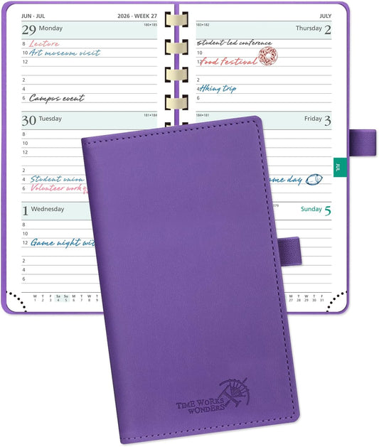 POPRUN 2026 Pocket Planner (Slim Size 3.5" x 6.5") Weekly and Monthly Calendar for Purse, with Hourly Time Slots, 100GSM Thick Paper, Spiral Soft Cover, Pen Holder - Purple