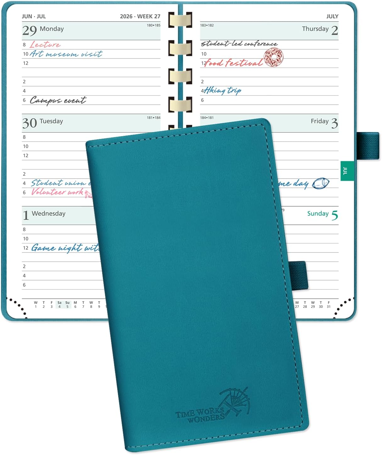 POPRUN 2026 Pocket Planner (Slim Size 3.5" x 6.5") Weekly and Monthly Calendar for Purse, with Hourly Time Slots, 100GSM Thick Paper, Spiral Soft Cover, Pen Holder - Pacific Green