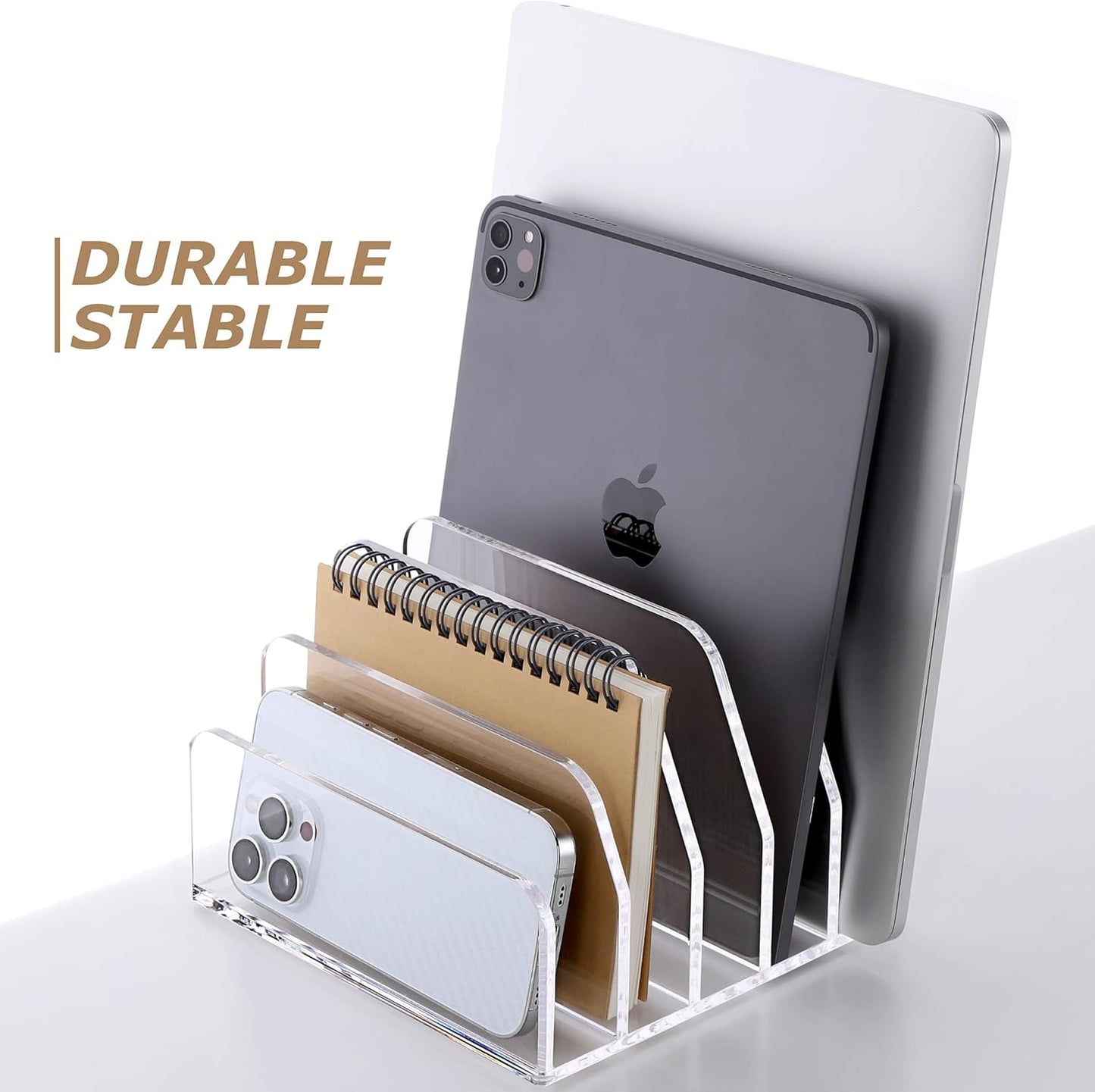 SANRUI Acrylic Desk Mail Organizer Sorters, Clear 5 Upright Compartments Laddered Desktop File Letter Holder, Multifunction Envelope Vertical Folder Racks Document Holders for Office, Home, School