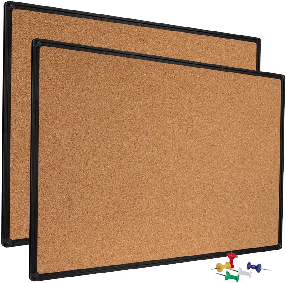 2 Pack 36 x 24 Inch Cork Notice Board Bulletin Message Memo Pin Board, Black Aluminum Frame