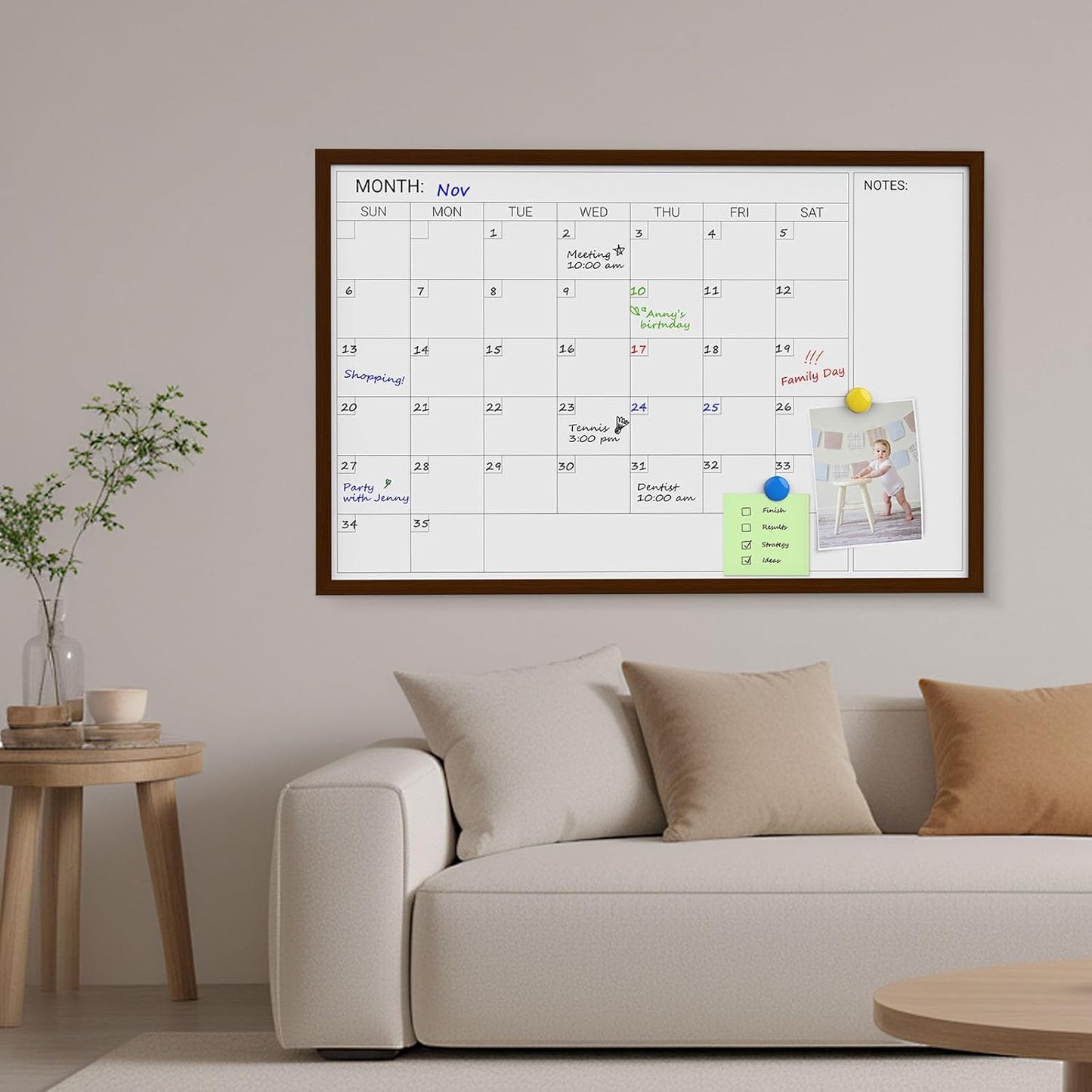 Comix Dry Erase Calendar Whiteboard for Wall,Magnetic Dry Erase White Board with Brown Wood Frame, 36 * 24 inches Decorative Planner Board for Office, Kitchen, School, Home