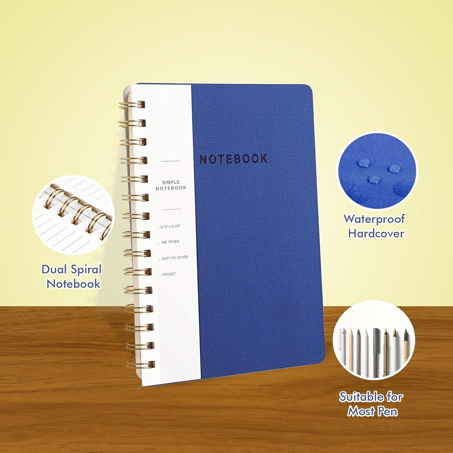 Lined Spiral Notebook College Ruled A5 Journal Book for Note Taking, 160 Pages Writing Journal for Office and Home School Supplies 5.75x8.125 inch (3pack-Light Yellow/Reef Blue/Navy Blue)