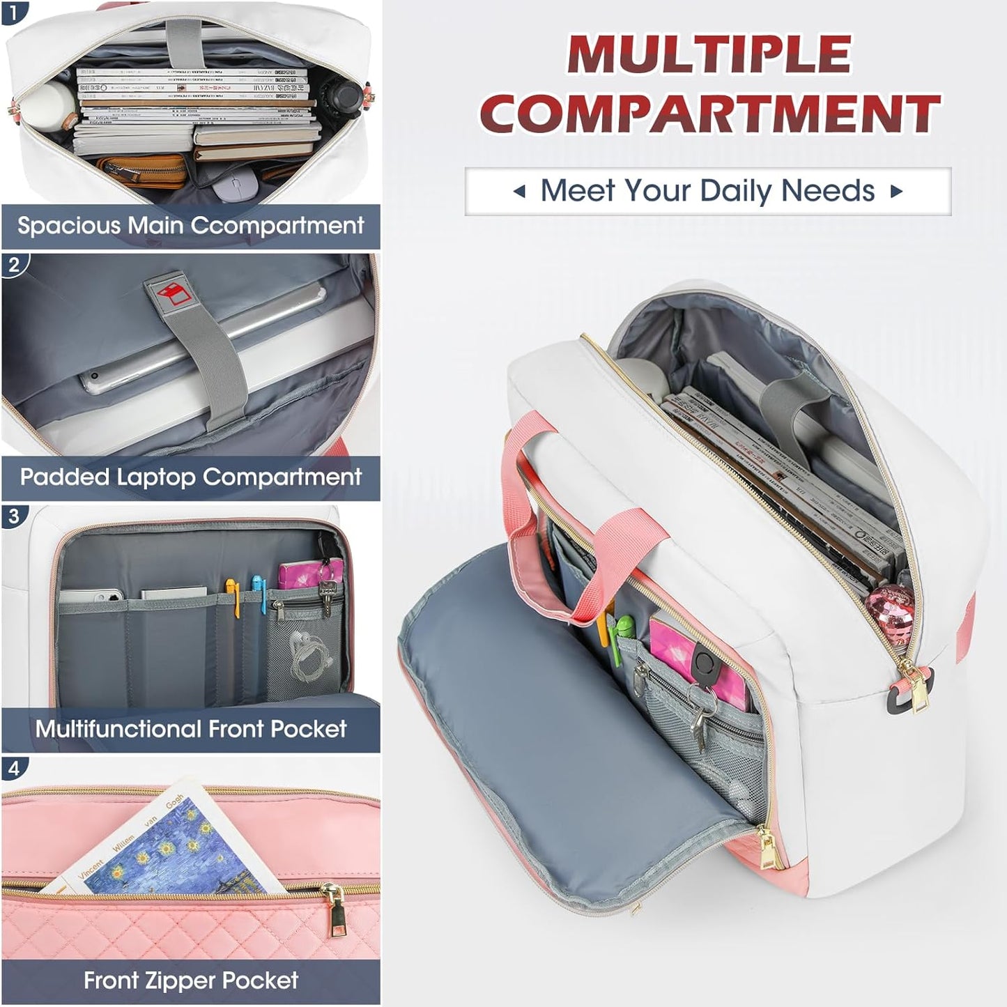 NEWHEY Laptop Bag 17.3 Inch Laptop Briefcase for Women Men Waterproof Shoulder Messenger Bag Large Computer Bag for Business Office Work College, Pink&Beige