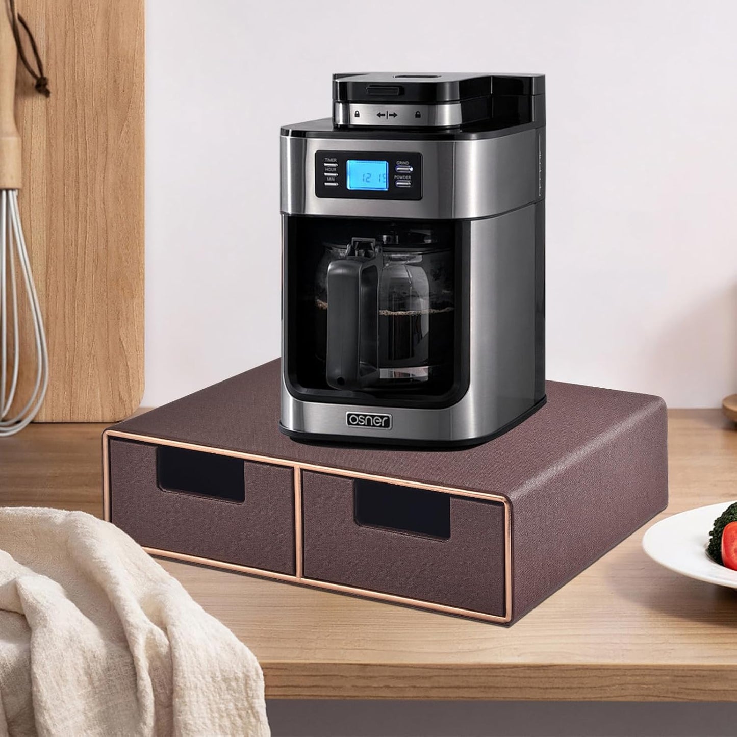 Linen Leather Desk Organizer and monitor stand with Drawers－Mini Desktop Drawer Organizer Stackable－Tabletop Organization Storage Box for Office Supplies Home Vanity Toiletries (Brown, 2-drawers)