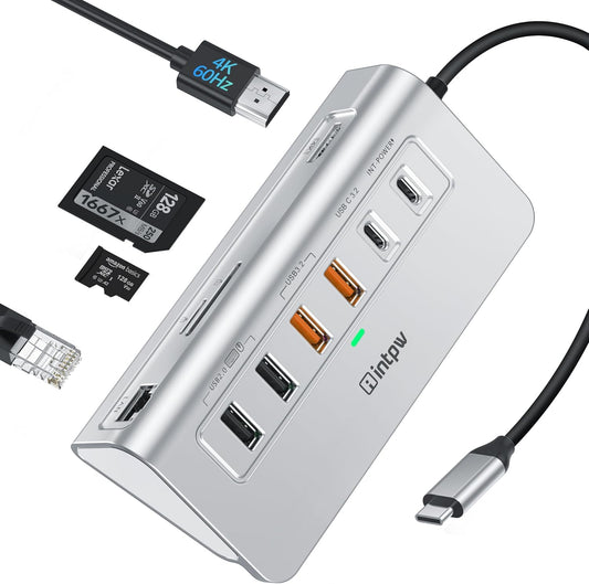 USB C Hub Ethernet, 10-in-1 USB Docking Station 10Gbps with 4K@60Hz HDMI, USB C and 2 USB A 3.2 Data, LAN, 2 USB A 2.0, PD 100W, SD/TF Ports, Powered USB Hub for Laptop, PC, iPhone 16/15, Mac