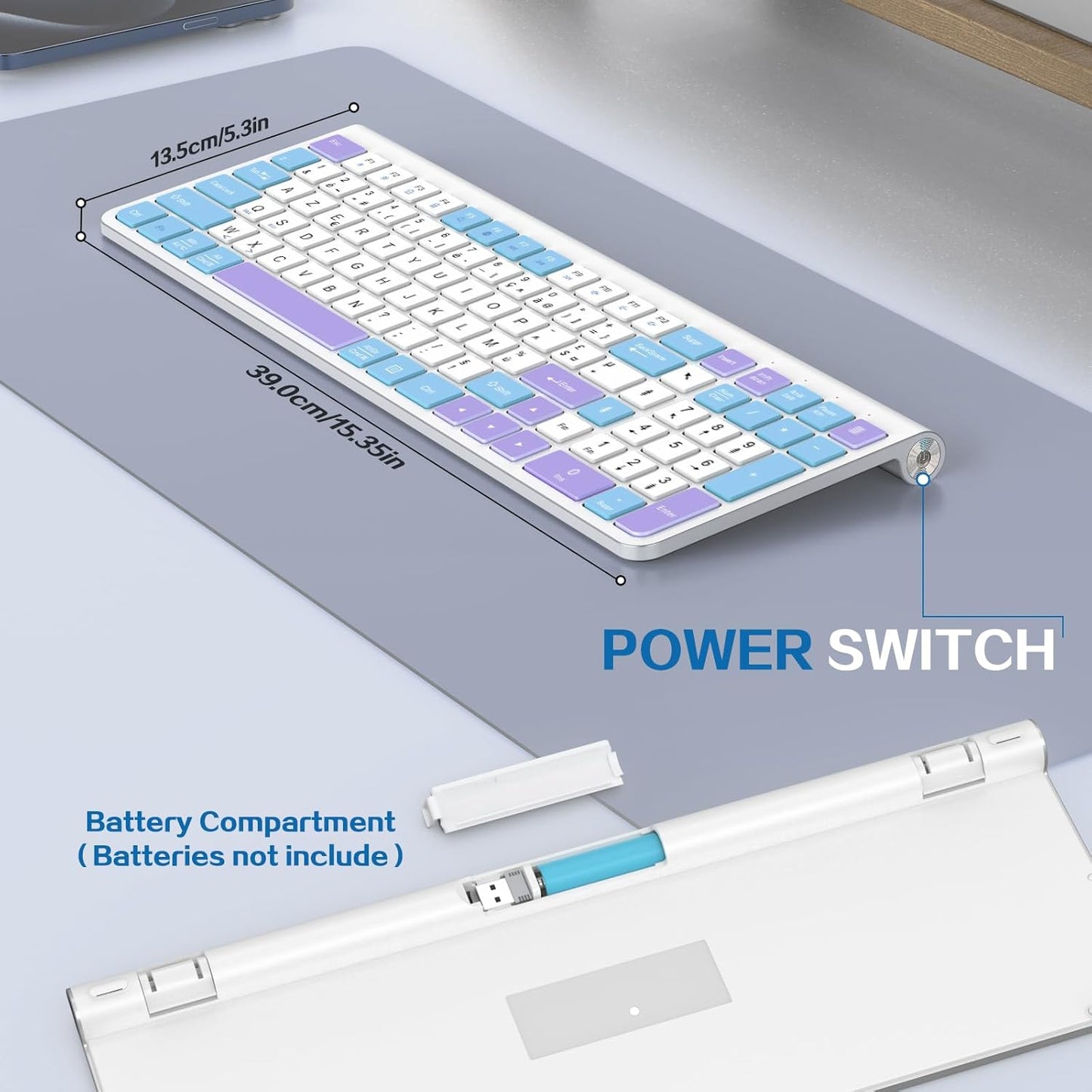Colorful Wireless Keyboard with Low-Profile Keys-Soft Touch,Cute,Quiet Design,Windows & Mac OS，Office Cordless Slient Computer Keyboard for Desktop,Laptop, PC, Mac, Windows-Purple Blue White