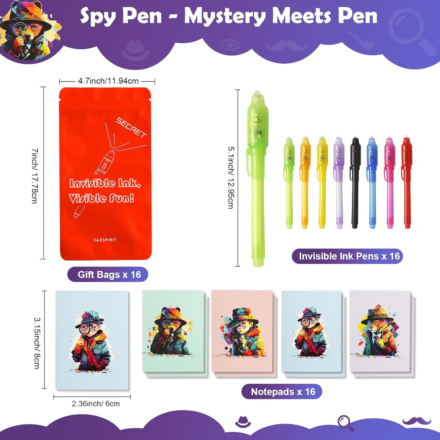 16Pcs Invisible Ink Pen Set with UV Light, Mini Notepads & Favor Bags, Spy Pens for Kids, Top Secret Message Magic Markers, Disappearing Ink, Detective & Escape Room Themes