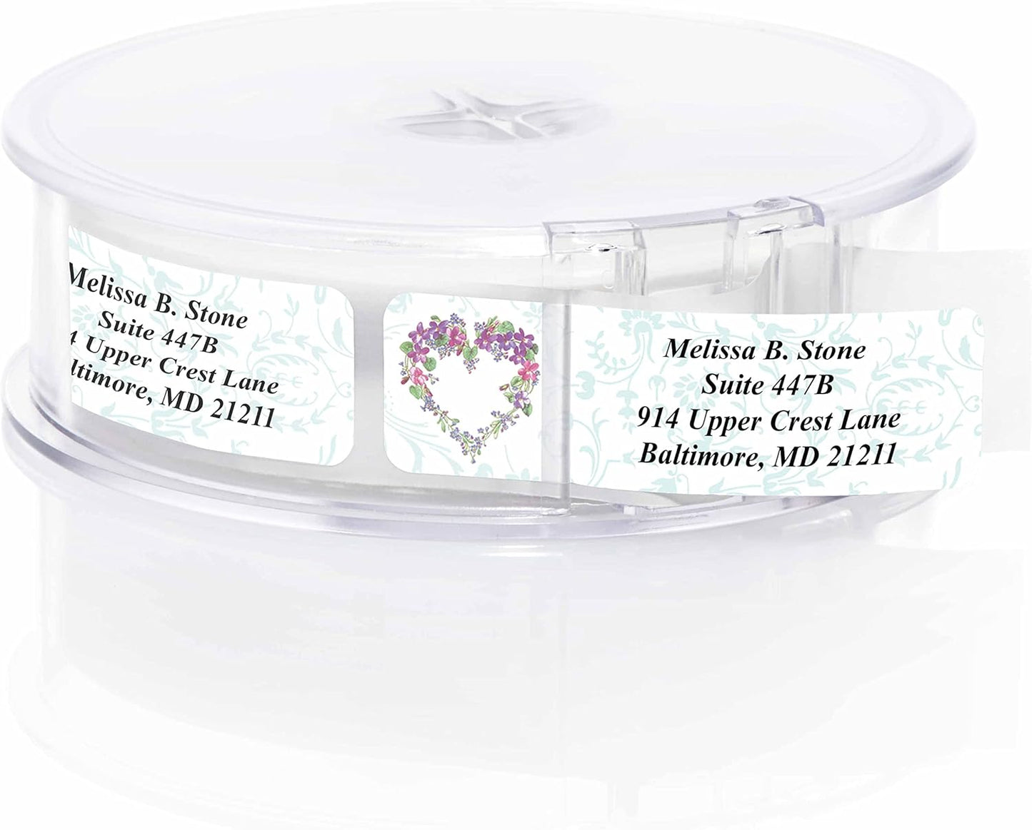 Floral Heart Wreath Rolled Address Labels with Elegant Plastic Dispenser