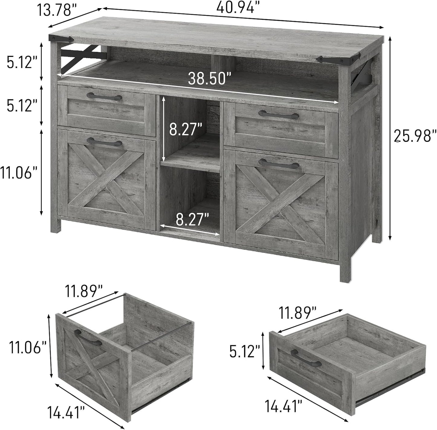 Farmhouse Filing Cabinet with Adjustable Shelf for Home Office, Lateral File Cabinets 4 Drawers with Open Storage Shelf, Filing Organization Storage Cabinets for Hanging Files Letter/A4.(Grey)
