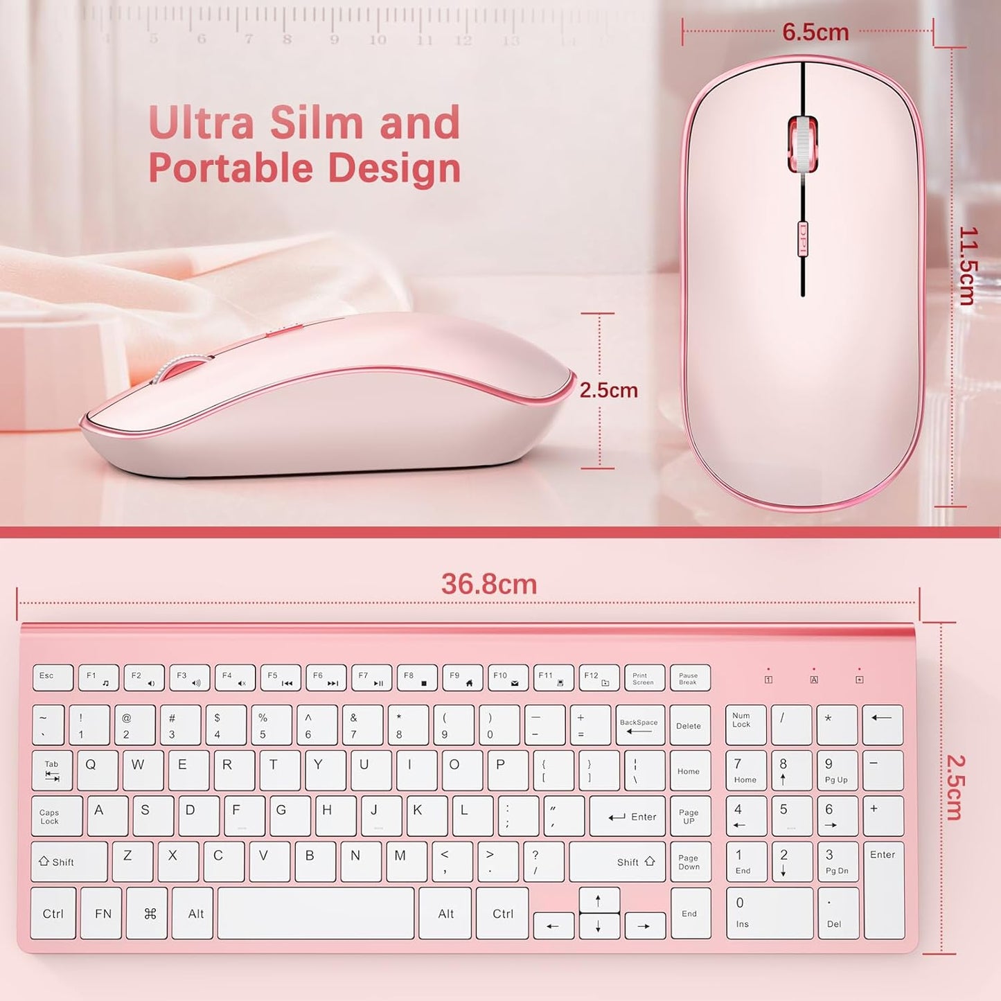 Wireless Keyboard and Mouse,2.4G Full Size and Portable Wireless Keyboard with Numeric Keyboard or Computer/Desktop/Laptop/Windows 10/8/7 -Pink