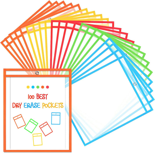 PerKoop 100 Pcs Oversized Clear Dry Erase Pockets Sleeves Bulk 10 x 14 Inch Erasable Ticket Holder Waterproof Sheet Protector Reusable Plastic Sleeves Document Holder for Classroom School Organization